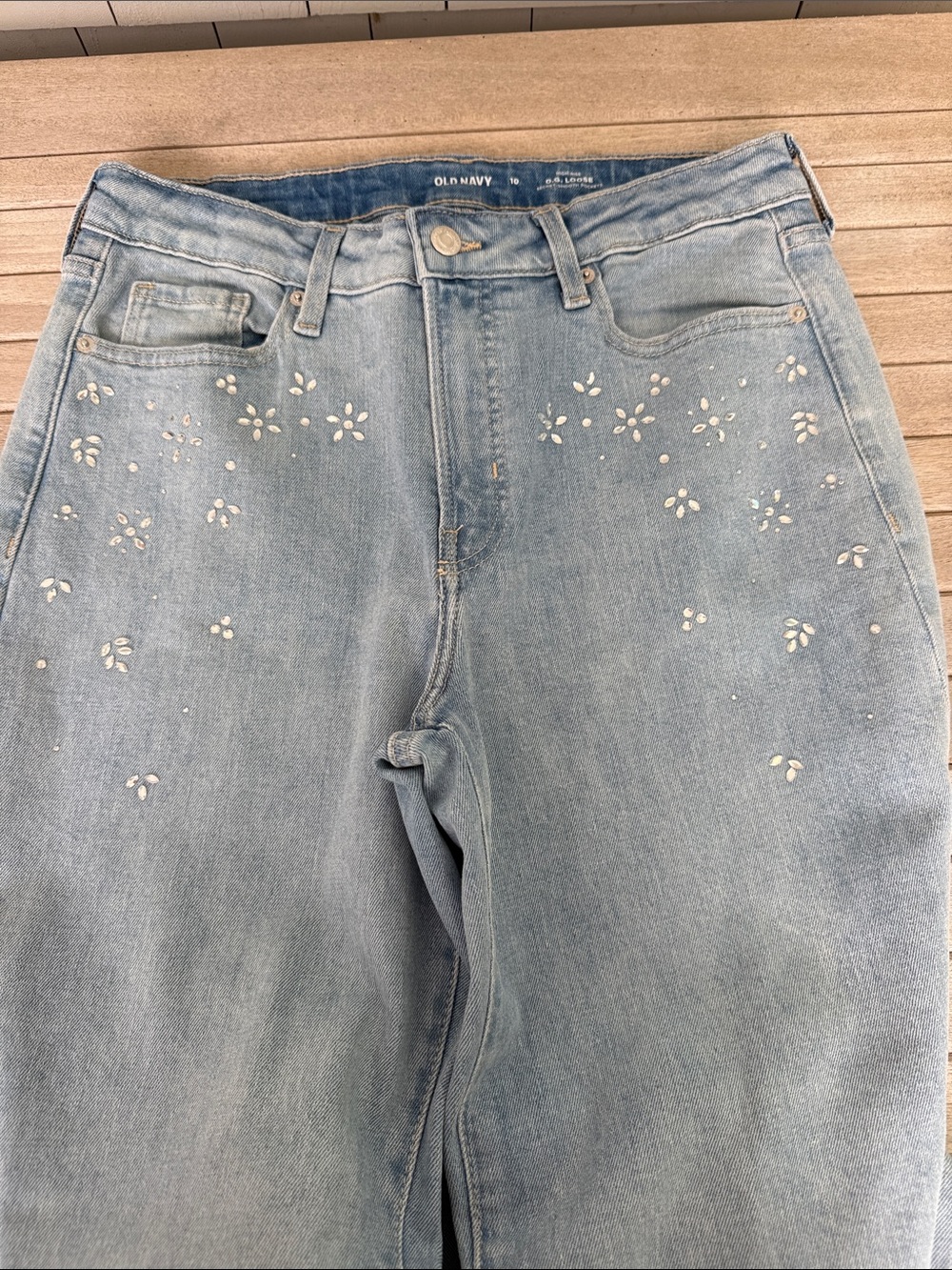 Old Navy Light Blue Straight-Leg Jeans with White Floral Embroidery